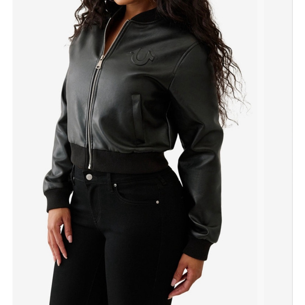 True Religion Black Crop Polyurethane Bomber Jacket S NWT